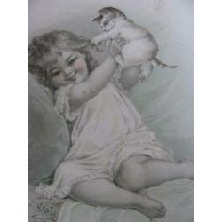 Antieke kaart / Frances Brundage - meisje met poes