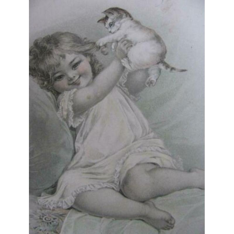 Antieke kaart / Frances Brundage - meisje met poes