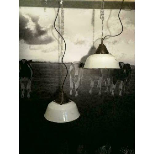 Hanglampen, wit emaille, metaal, industrieel, vintage