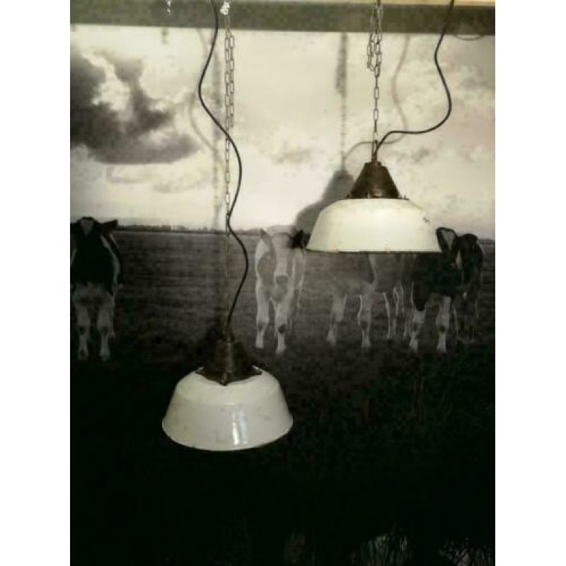 Hanglampen, wit emaille, metaal, industrieel, vintage