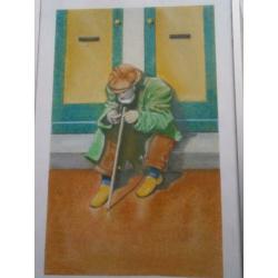 Leuke en origineel schilderijtje v/e Oude man op een stoepje