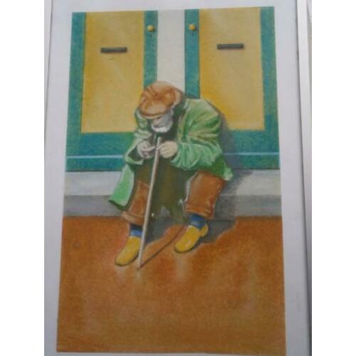Leuke en origineel schilderijtje v/e Oude man op een stoepje