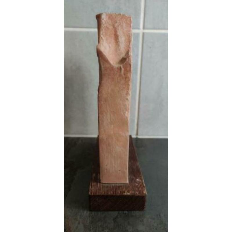 Egyptische steen met hyrogliefen op houten plaat.