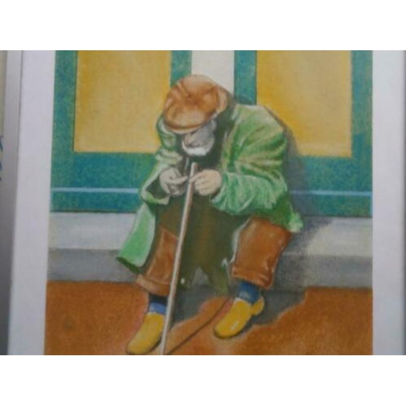 Leuke en origineel schilderijtje v/e Oude man op een stoepje