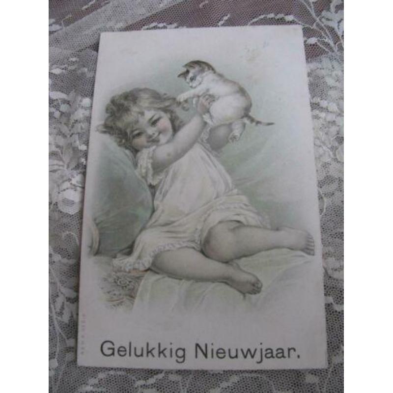 Antieke kaart / Frances Brundage - meisje met poes