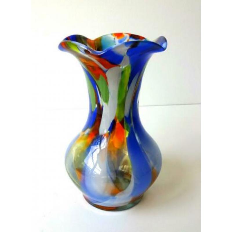 Glazen vaas helder opaline blauw oranje wijde hals 2699-g