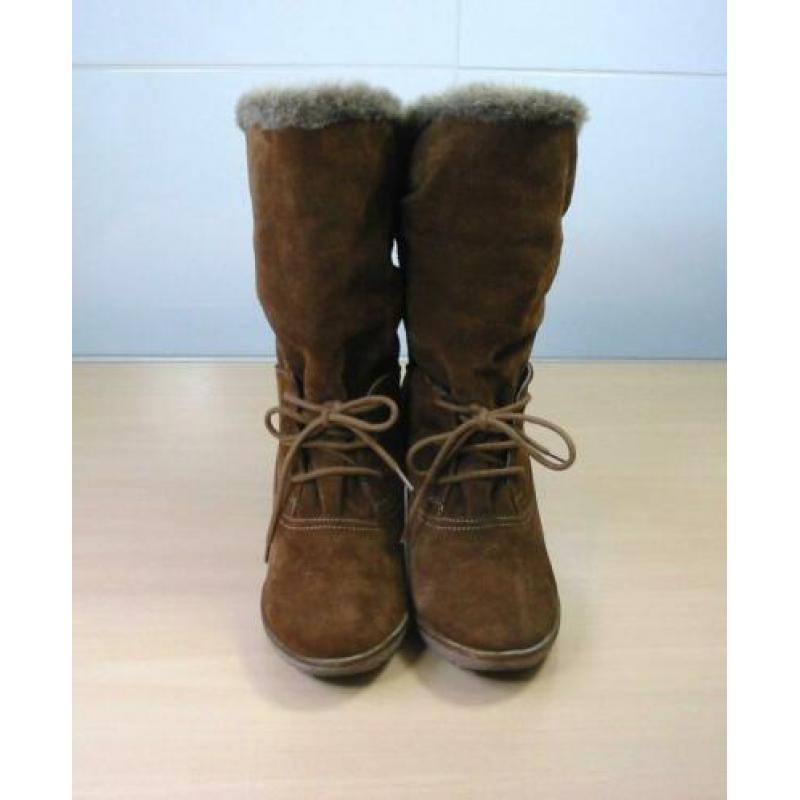 Hot Ice suede sleehak cognac laarsjes met sierveters 39 ZGAN