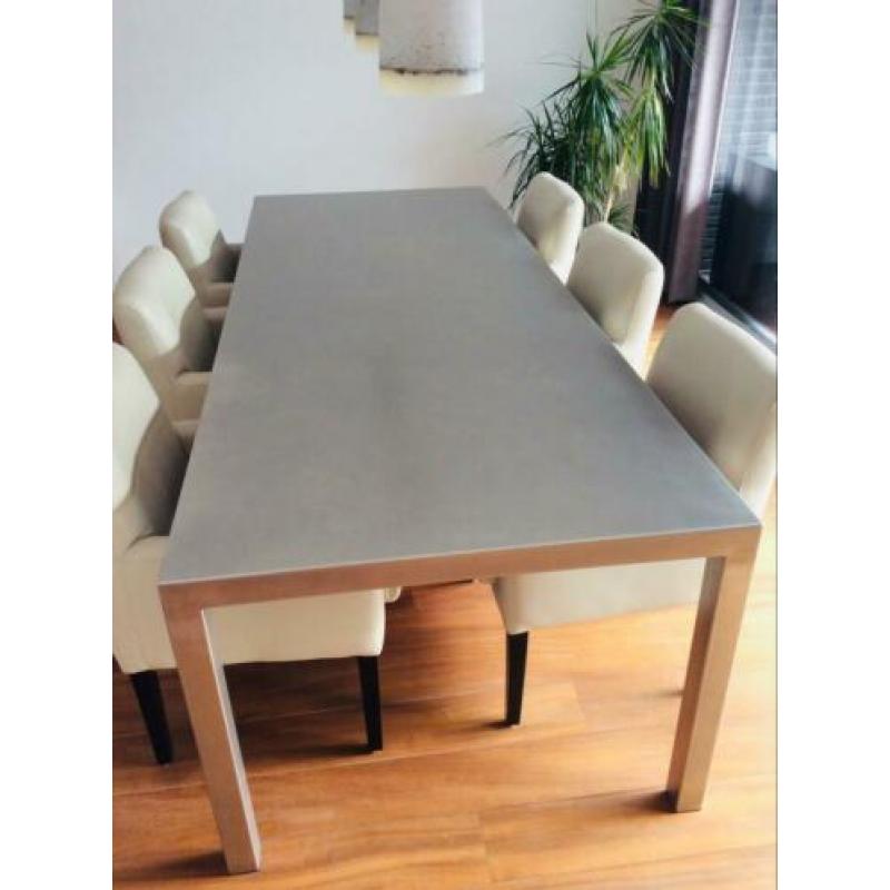 Grote Mooie RVS Eetkamertafel met Zes Leren Eettafel Stoelen