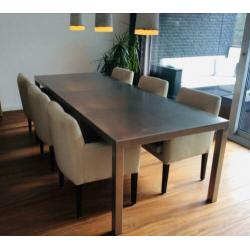 Grote Mooie RVS Eetkamertafel met Zes Leren Eettafel Stoelen