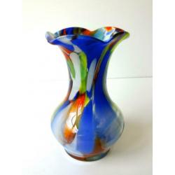 Glazen vaas helder opaline blauw oranje wijde hals 2699-g