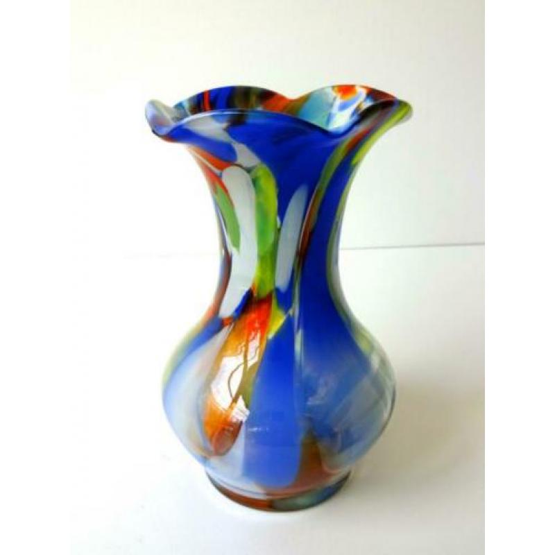Glazen vaas helder opaline blauw oranje wijde hals 2699-g
