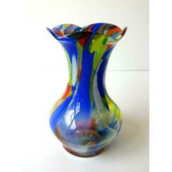 Glazen vaas helder opaline blauw oranje wijde hals 2699-g