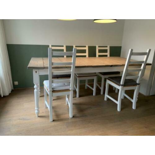 Steigerhout, tafel, stoelen, 6 persoons