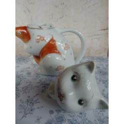 Vintage kat theepot porselein keramiek