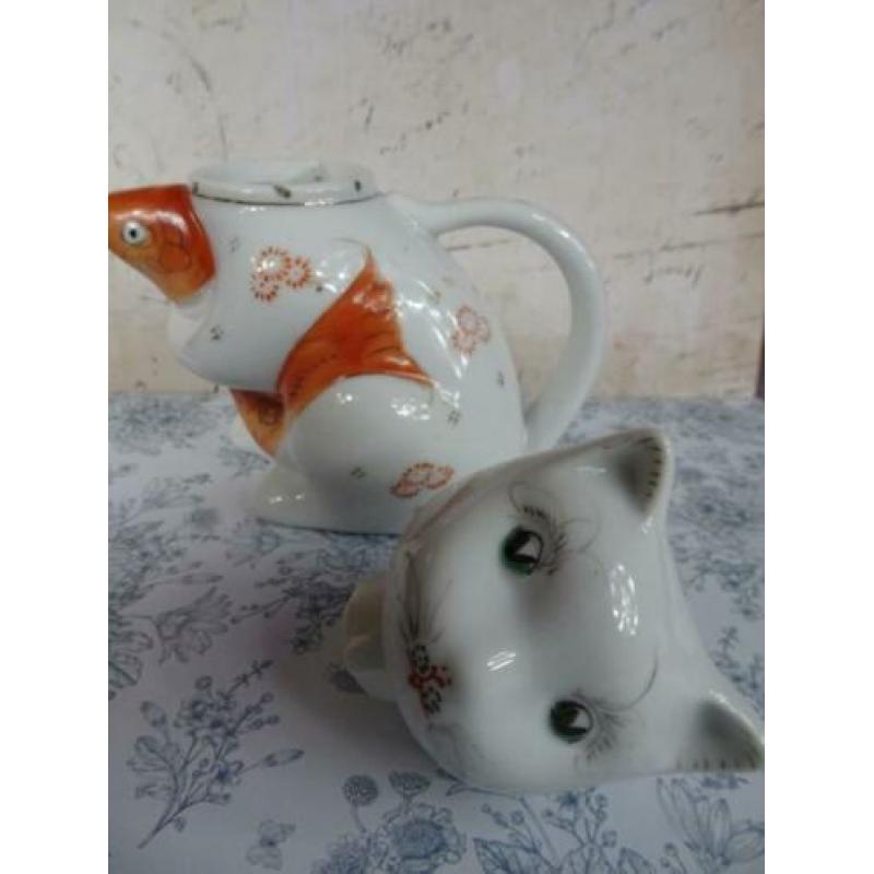 Vintage kat theepot porselein keramiek