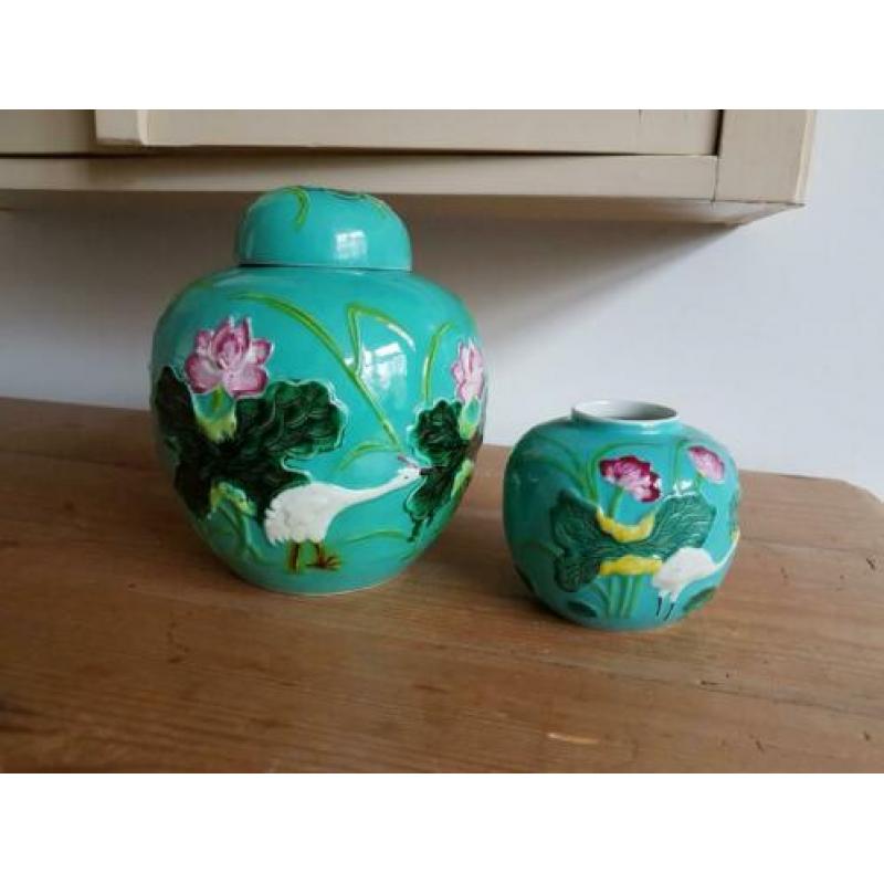 Chinese gemberpotten, Wang Bing Rong, kraanvogels,lotusbloem