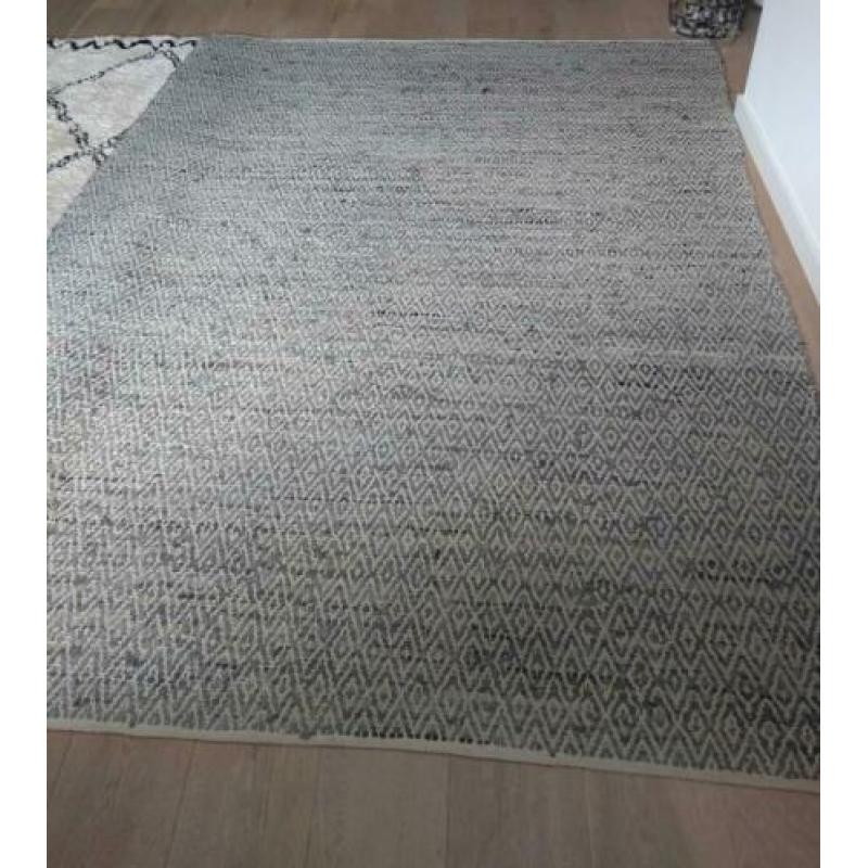 Stoer gevlochten leer/katoen kleed, grijs/beige