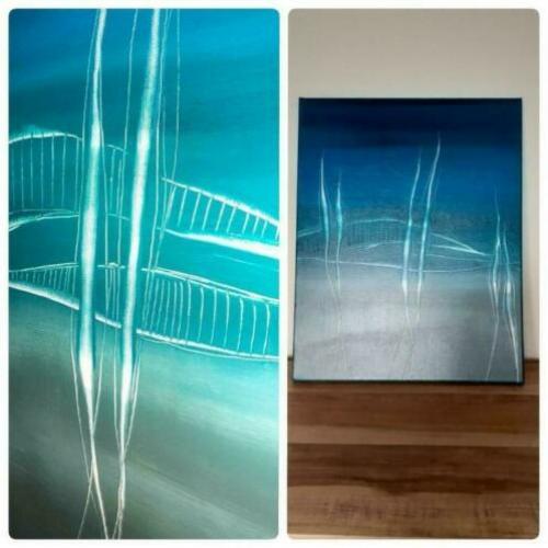 Prachtig & Authentiek schilderij in aqua / turquoise