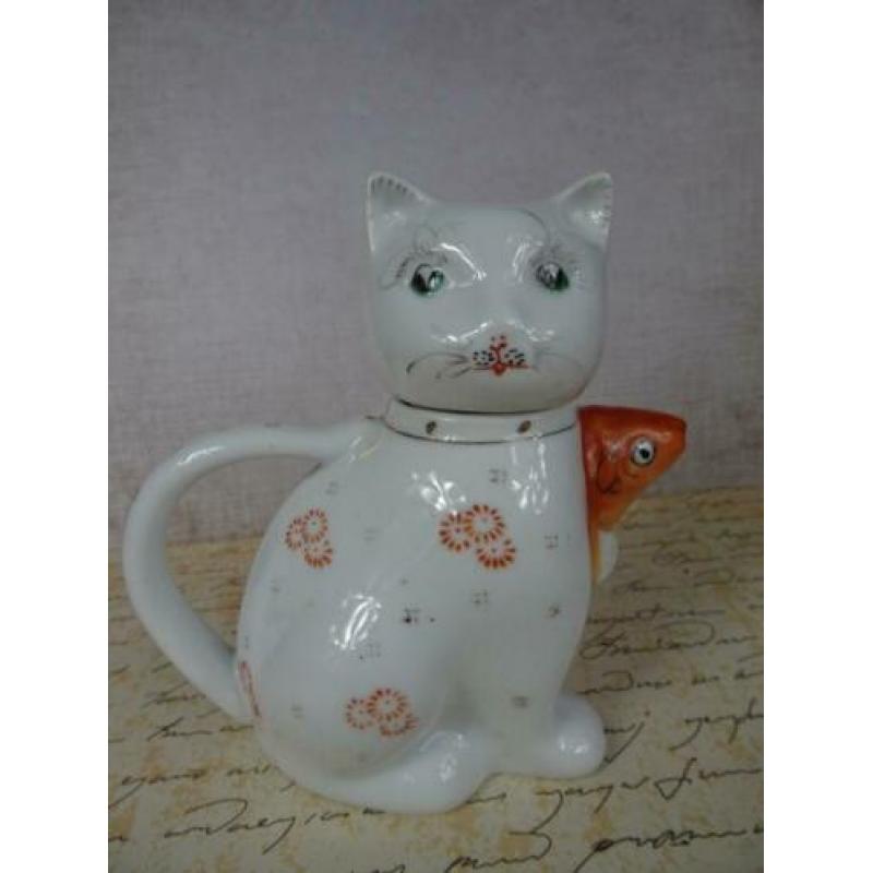 Vintage kat theepot porselein keramiek