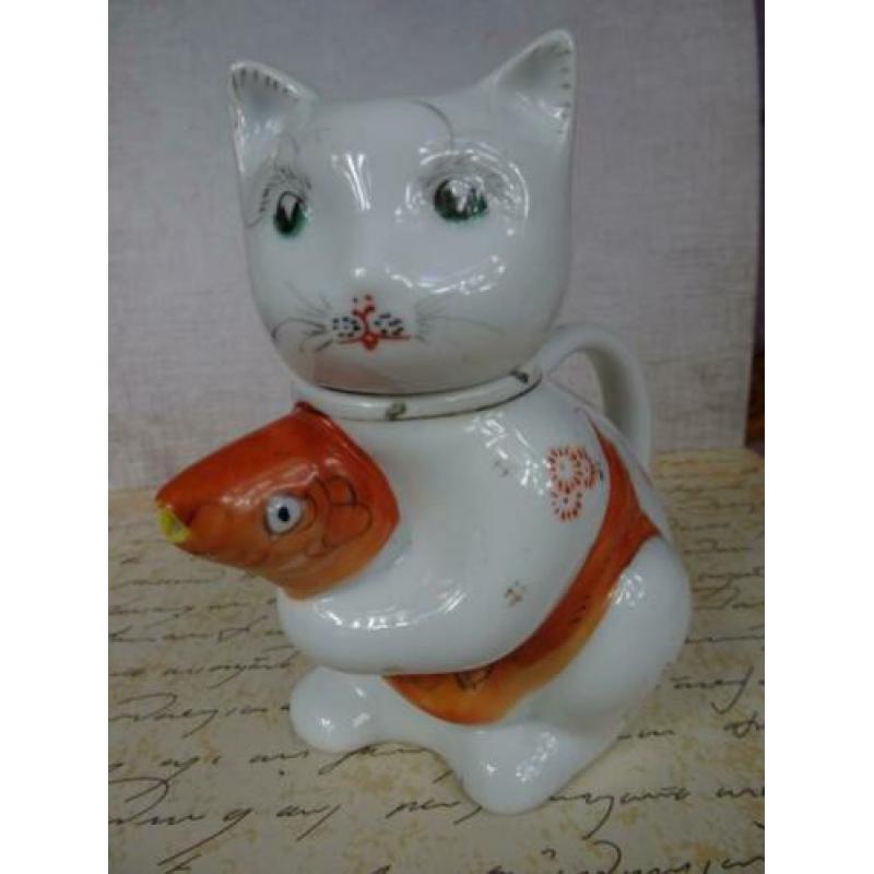 Vintage kat theepot porselein keramiek