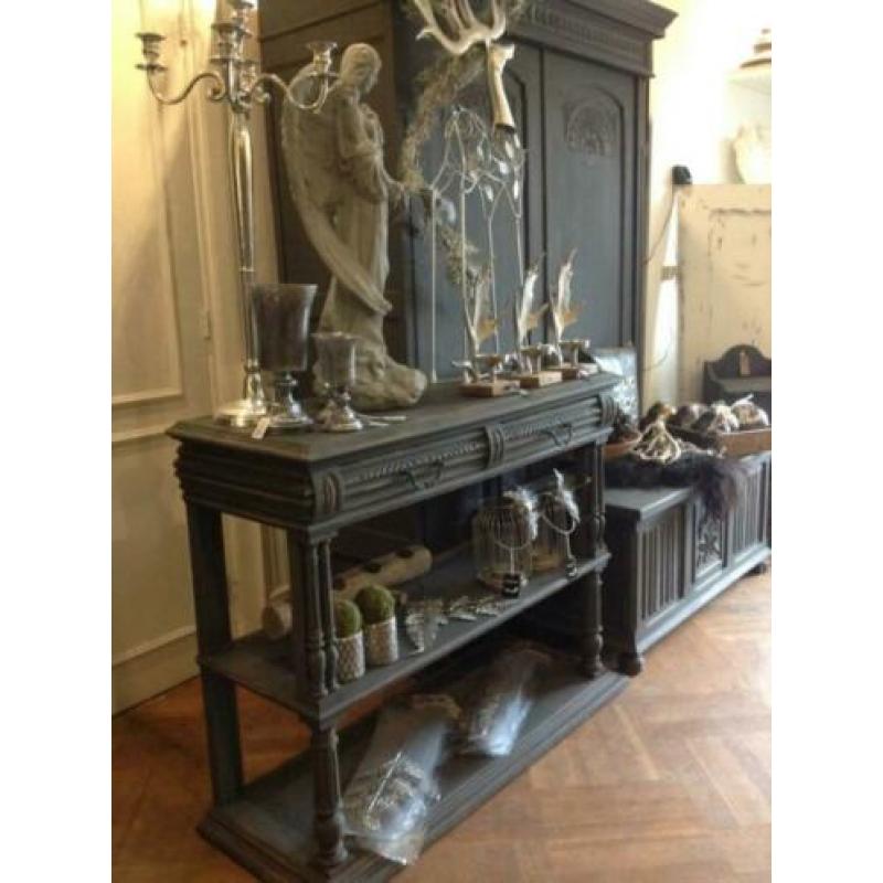 Antieke sidetable met opstand, etagère tafel, haltafel VdlM