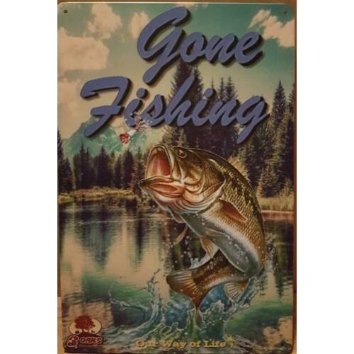 Vissen Gone Fishing reclamebord wandbord van metaal 30x20cm