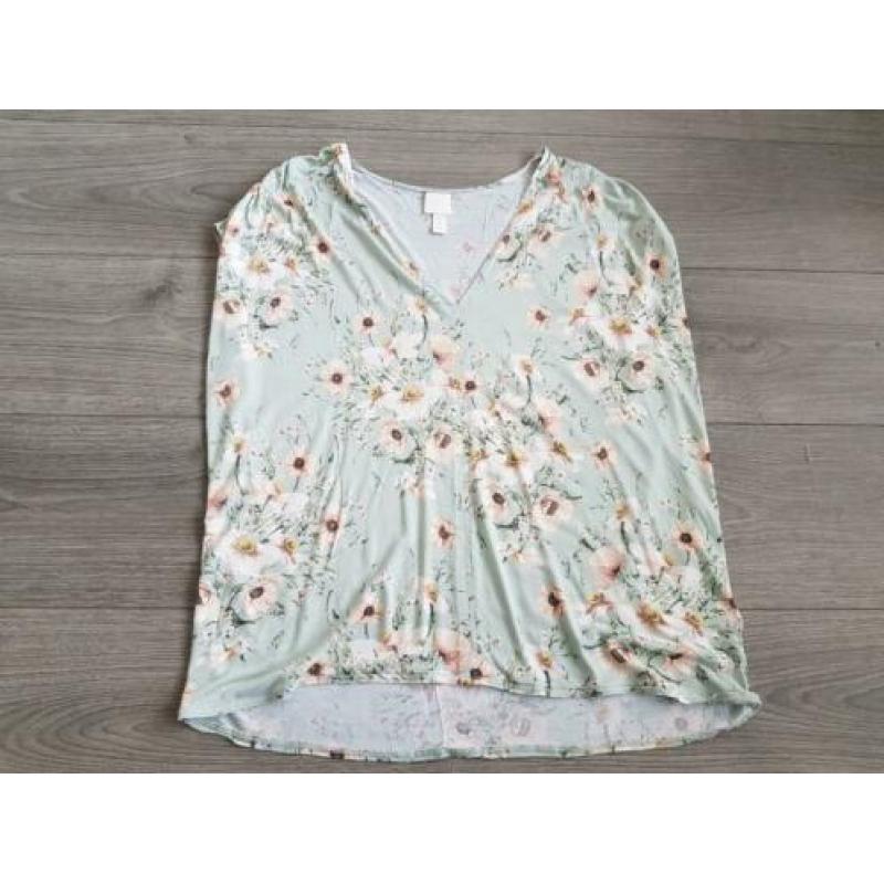 H&M groene top met bloemenprint maat M (NK014)
