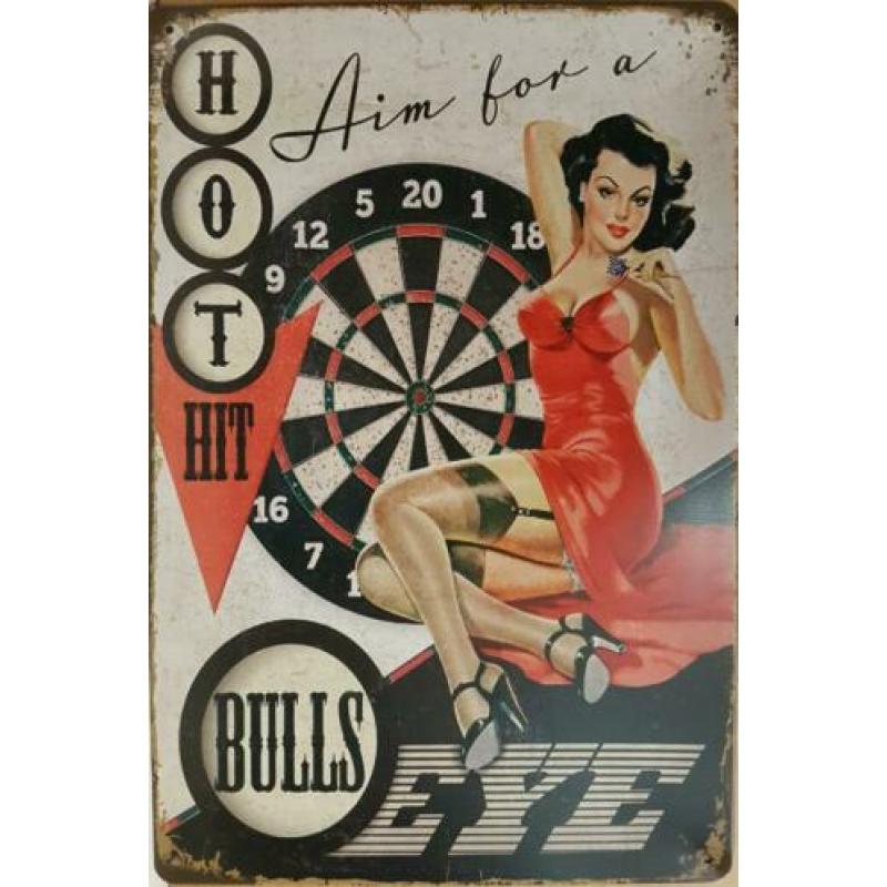 darts bull's eye pinup reclamebord wandbord van metaal 30x20