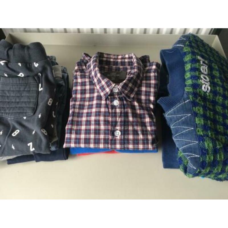 Pakketje 86-90: 6broeken, 2polo’s en shirts, overhemd en jas