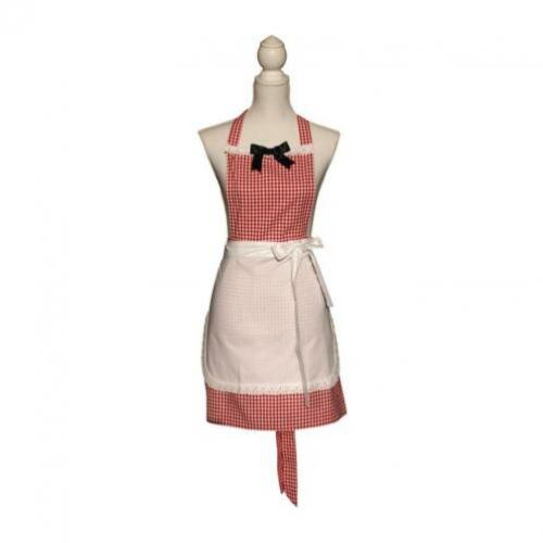 Rood geruit retro keukenschort met los wit schortje.