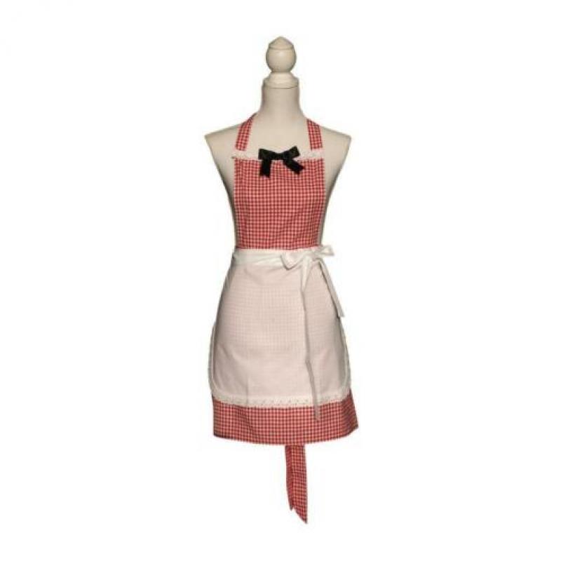 Rood geruit retro keukenschort met los wit schortje.