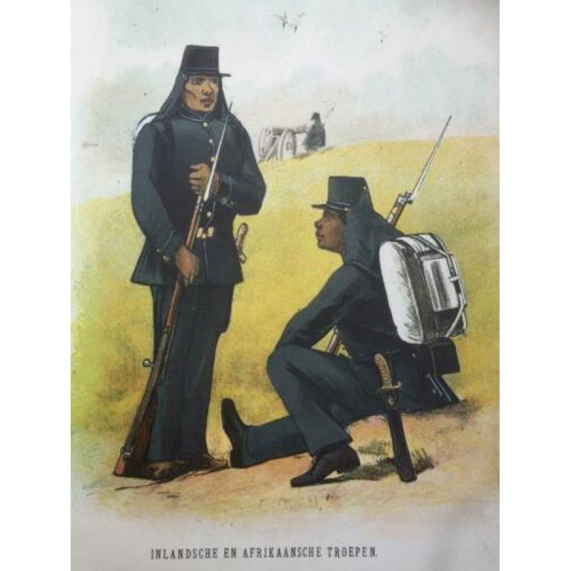 Prachtige antieke (1887) litho Inlandsche Afrikaanse troepen