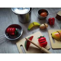 SPEELGOED ETEN / KEUKEN van HOUT & klittenband + 3 PANNEN