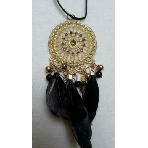Nieuwe ketting zwart Goudkleur hanger zwarte veertjes