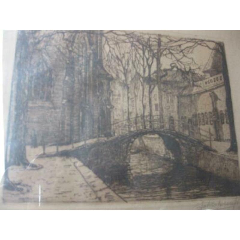 Grachtengezicht Delft. Houten lijst. 1923. Joh. Scherft.