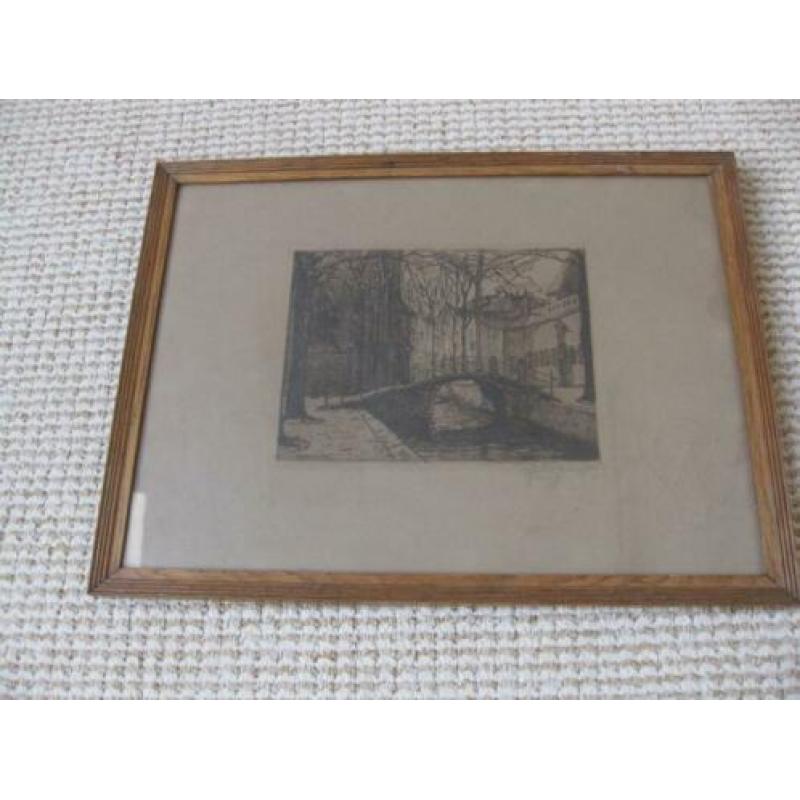 Grachtengezicht Delft. Houten lijst. 1923. Joh. Scherft.