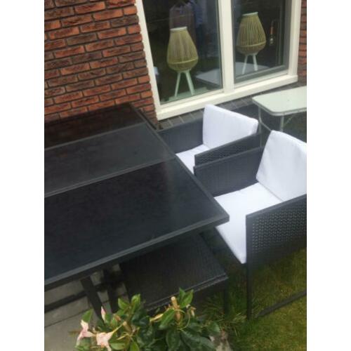 Moderne tuinset glas en metalen frame met witte kussens