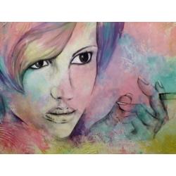 70x100cm Modern kleurrijk schilderij WAAROM??? / vrouw
