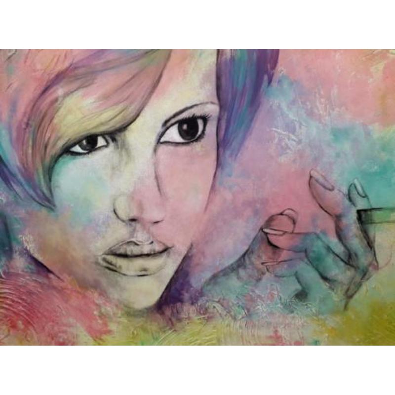 70x100cm Modern kleurrijk schilderij WAAROM??? / vrouw