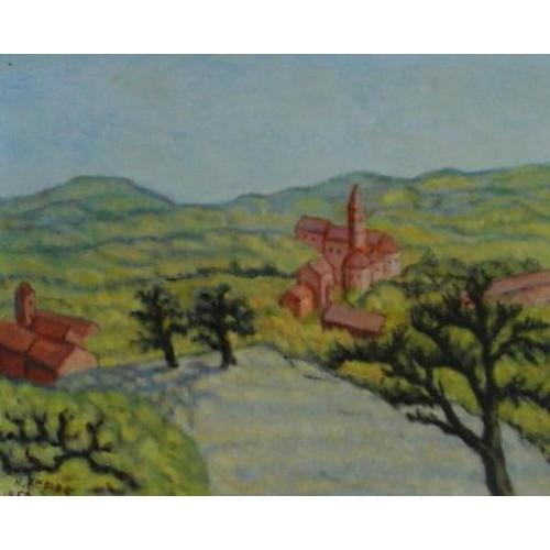 Oud zonnig landschap met huisjes en kerkje langs een rivier