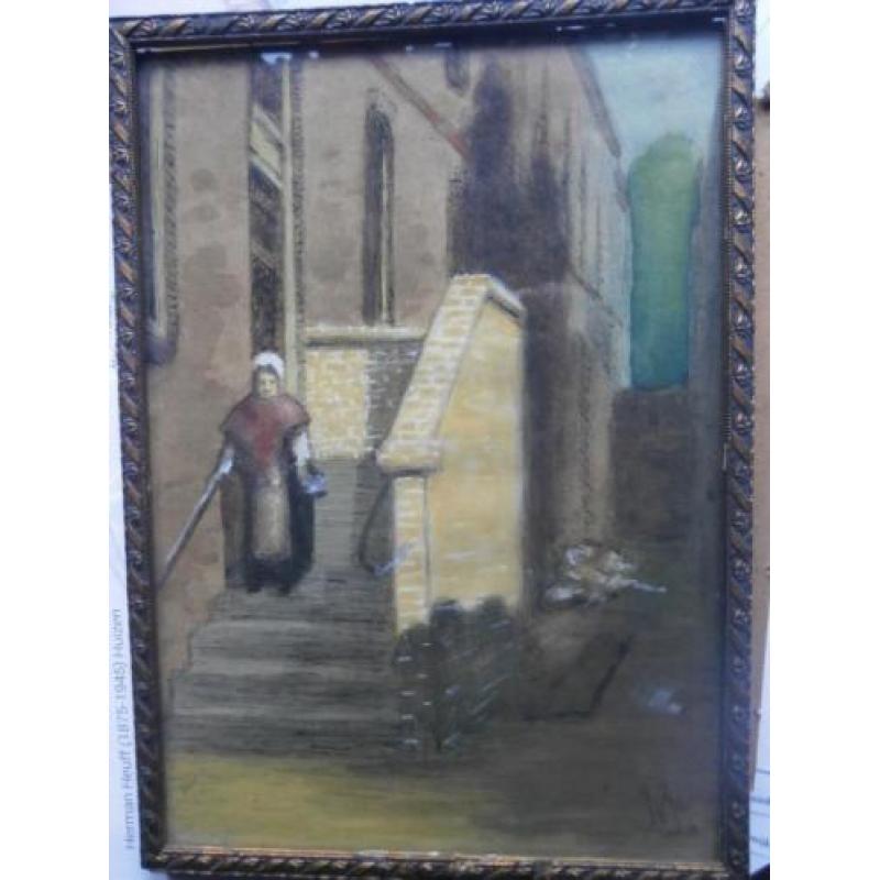 Aquarel van een Oude Vrouw op een trapje, sign Van Zoelen