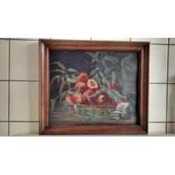 Zeer oud schilderij/ stilleven, Perziken op fruitschaal.