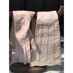 Antiek handschoen kalfsleer roze oud kant lange elleboog