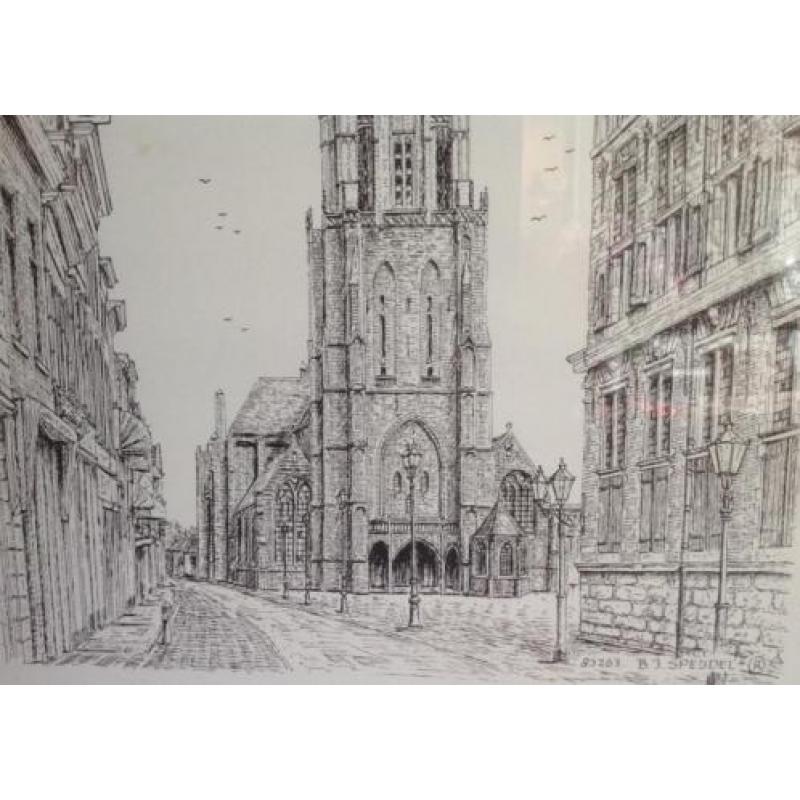 Delft : " mooi ingelijste tekening van de " grote kerk "