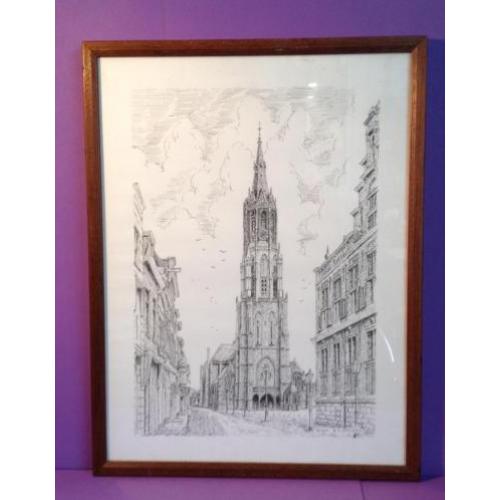 Delft : " mooi ingelijste tekening van de " grote kerk "