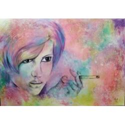 70x100cm Modern kleurrijk schilderij WAAROM??? / vrouw