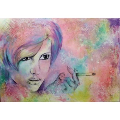 70x100cm Modern kleurrijk schilderij WAAROM??? / vrouw