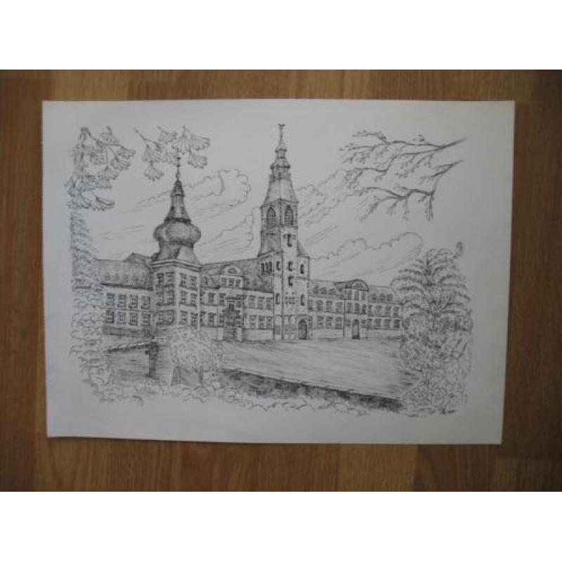 Vintage Ets -Tekening - Kerkrade -Klooster Rolduc- uit 1985