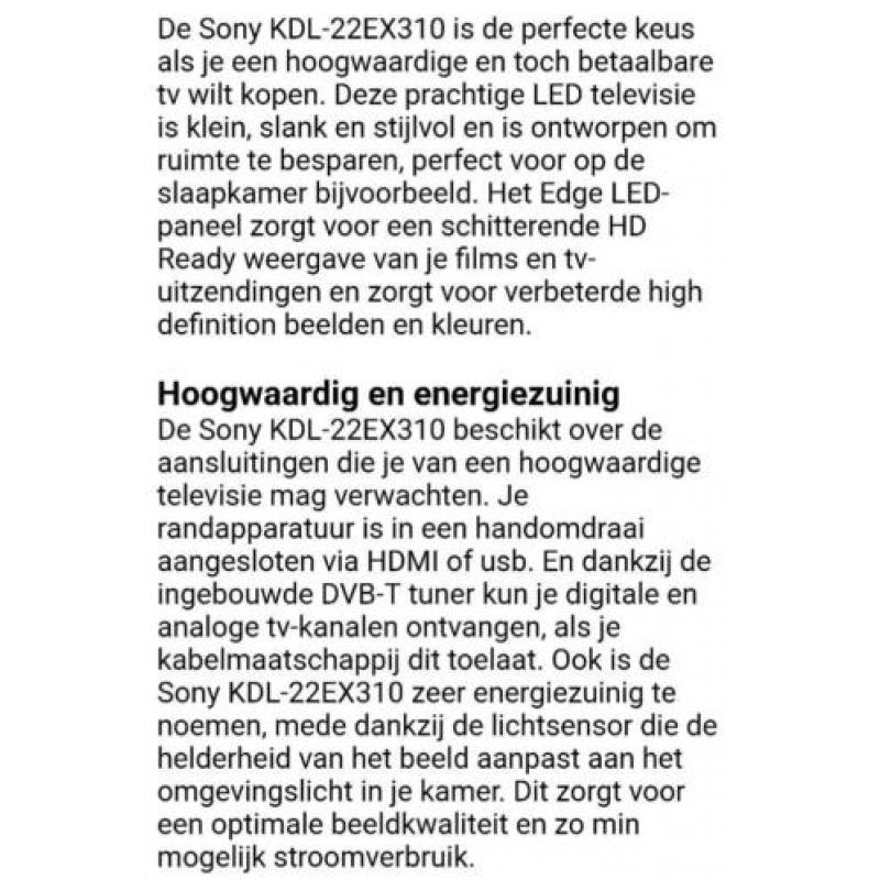 SONY BRAVIA KDL-22EX310. 22inch TV.