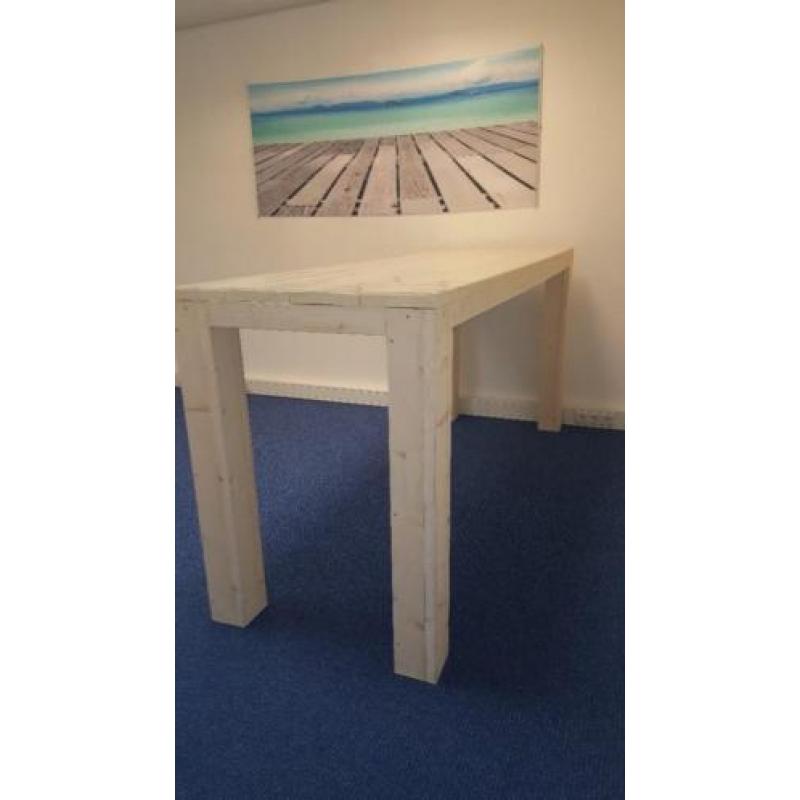 Steigerhouten hoge tafel met 8 krukken
